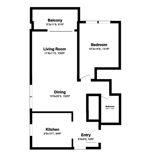 Floor plan for 1 bed, 1 bath, 750 sqft